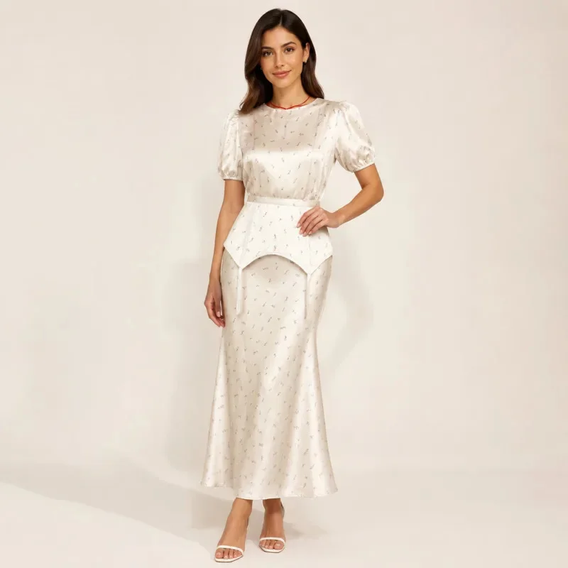 Women's Floral Print Two Piece Set Puff Sleeve Peplum Blouse High Waist Fishtail Midi Skirt Elegant Spring Summer Chic Workwear