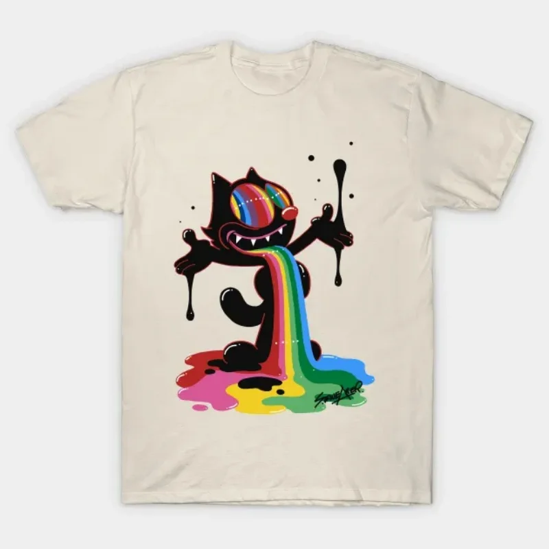 

Trippy Felix the Cat Faded Design Print Men Tee Geometric Gradient Color Block Sleep Tshirt Nightwear Top Modern Artistic Style