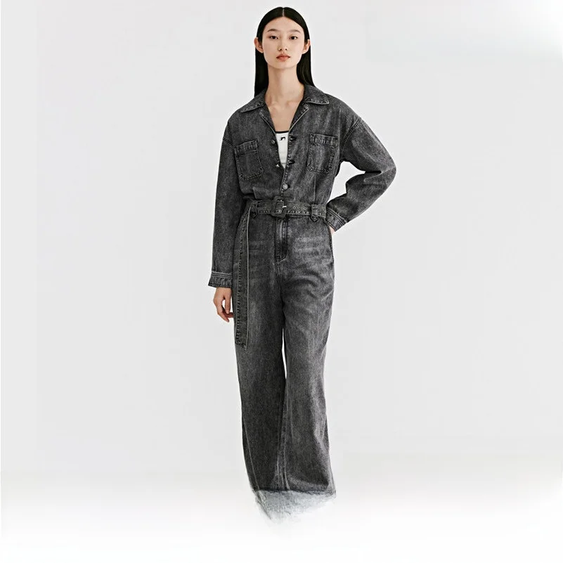 

Faionable Distred High Waist Slim Straight Waed Denim Overalls Spring 2026 Women's Casual Sle Button Closure Deep Color