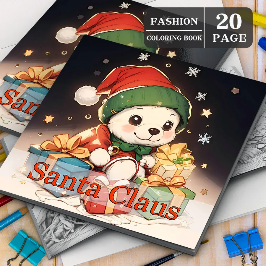 سانتا كلوز كتاب التلوين 20 صفحة عيد الميلاد موضوع هدية لتخفيف التوتر قتل الوقت الكتابة على الجدران اللوحة رسم الكبار صور الكتب
