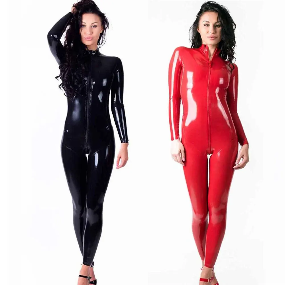 Sexy Lady Shiny Latex Suit PVC Faux Leather Jumpsuit Long Sleeve Zipper Shiny PU Patent Leather Bodysuit Nightclub Clubwear