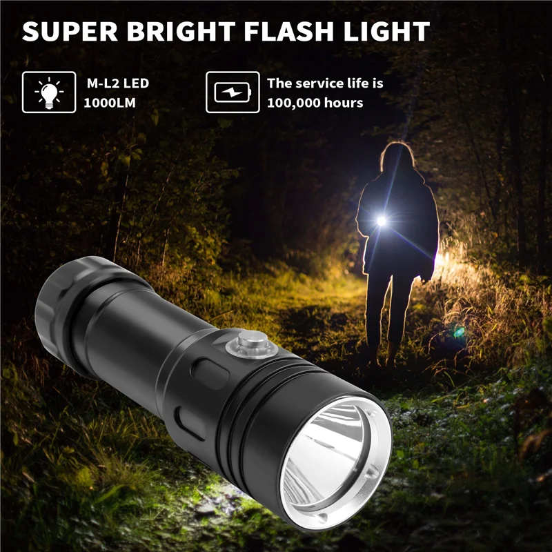 ABLJ ไฟฉาย LED ดําน้ํา Scuba Dive ใต้น้ํา Camping Lanterna ไฟฉาย Stepless Dimming ขับเคลื่อนโดย 18650 26650 แบตเตอรี่