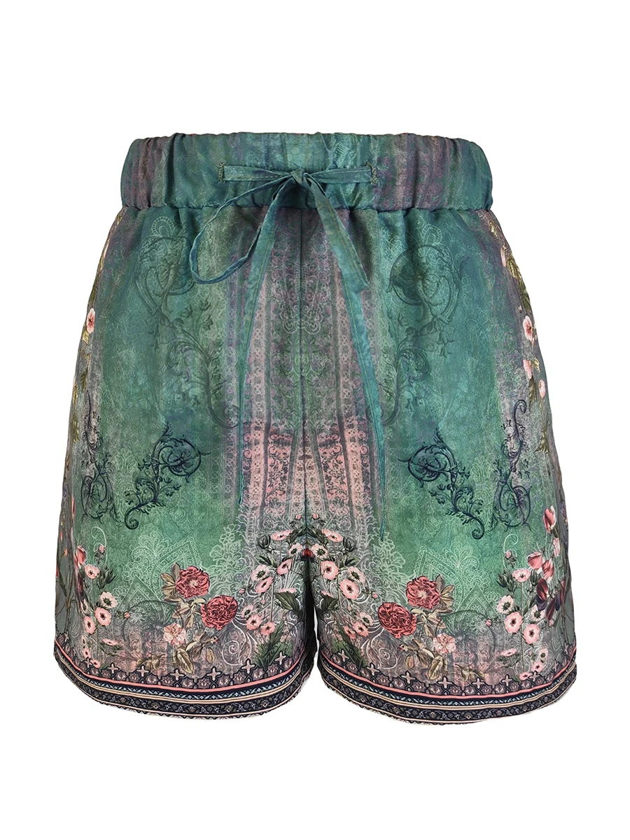 Women Summer Vintage Floral Print Boho Shorts Casual Loose Elastic Waist Drawstring Wide Leg Beach Holiday Short Pants Bottoms