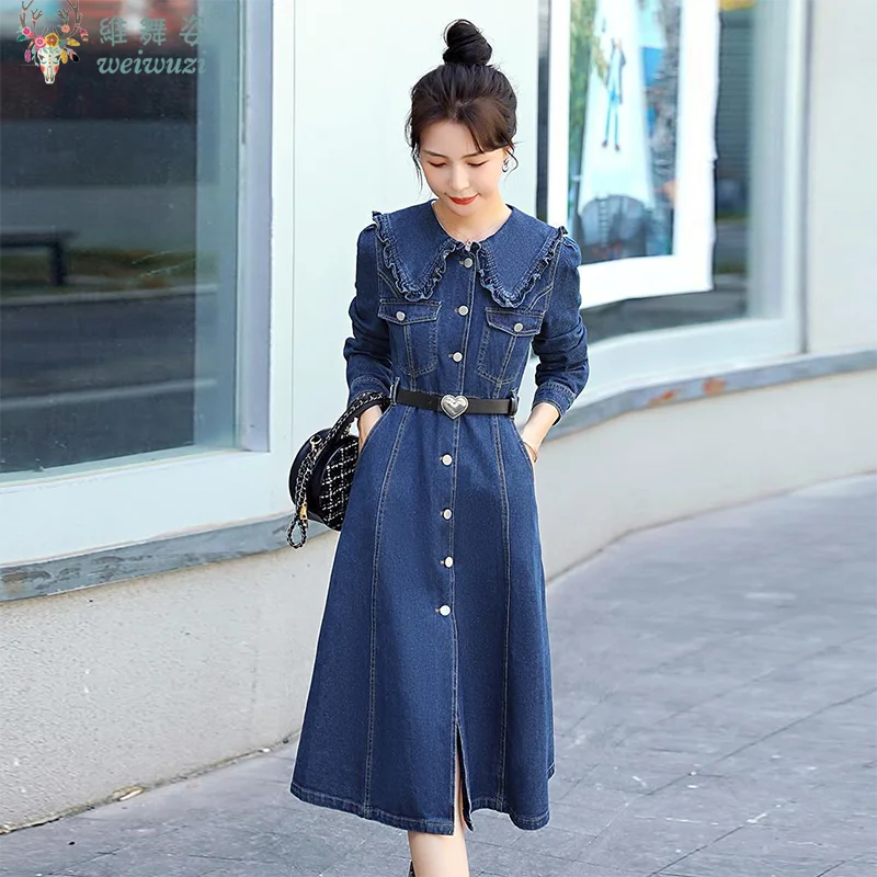 Robe en Jean élégante pour femmes, automne hiver, France, col Peter Pan, ceinture en cœur, Slim, mode dame, tenues décontractées, nouvelle collection