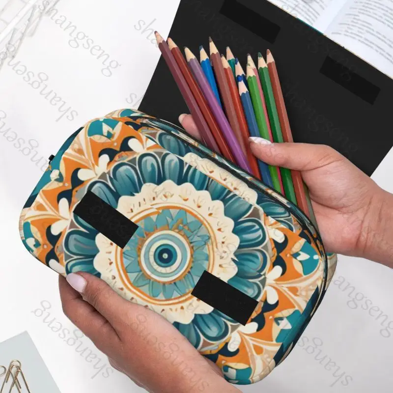 Estuche de bolígrafo con estampado de Mandala, caja de lápices con doble tapa, suministros escolares, caja de lápices para niños, bolsa de almacenamiento de cosméticos, regalo para estudiantes
