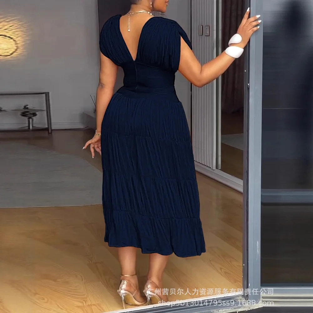 Women Long Loose Maxi Textured V Neck Sleeveless Ruched Ruffles Hem Dress Casual Waist A Line Party Midi Dress