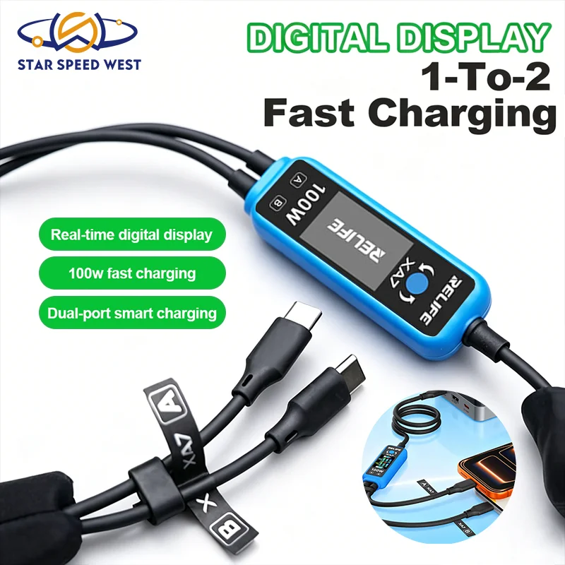 

RELIFE XA7 1 to 2 Super Fast Charging Cable 100W Digital Display Dual Port Smart Power Distribution for Phone Repair Charging