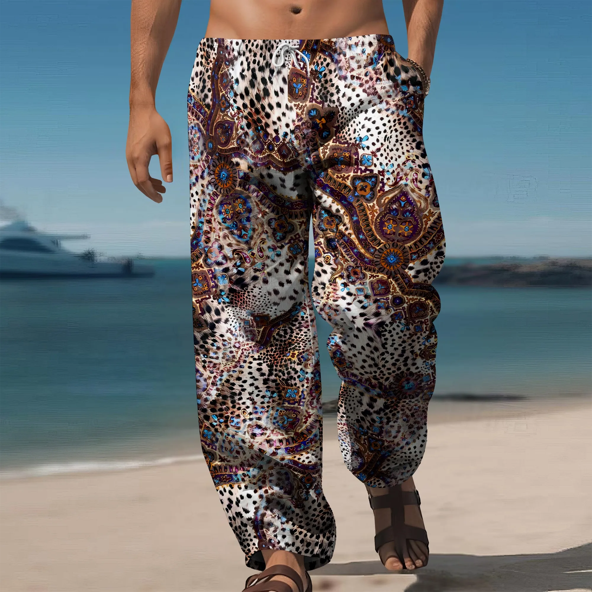 

YEAE Leopard Paisley Print Pants for Men Summer Casual Loose Drawstring Trousers