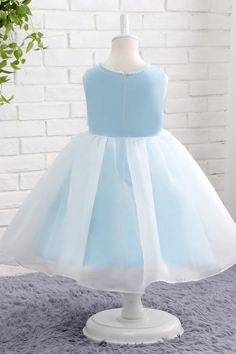 Light Blue Flower Girl Dress Pearl Round Neck With White 3D Flower Tulle Hem Fit Wedding Party Birthday First Communion Gowns