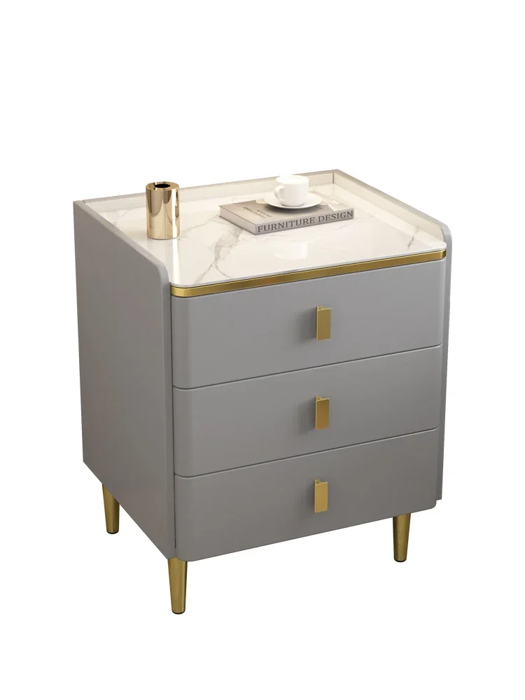 Cream style bedside table simple modern light luxury bedroom solid wood three drawers slate small household new bedside table