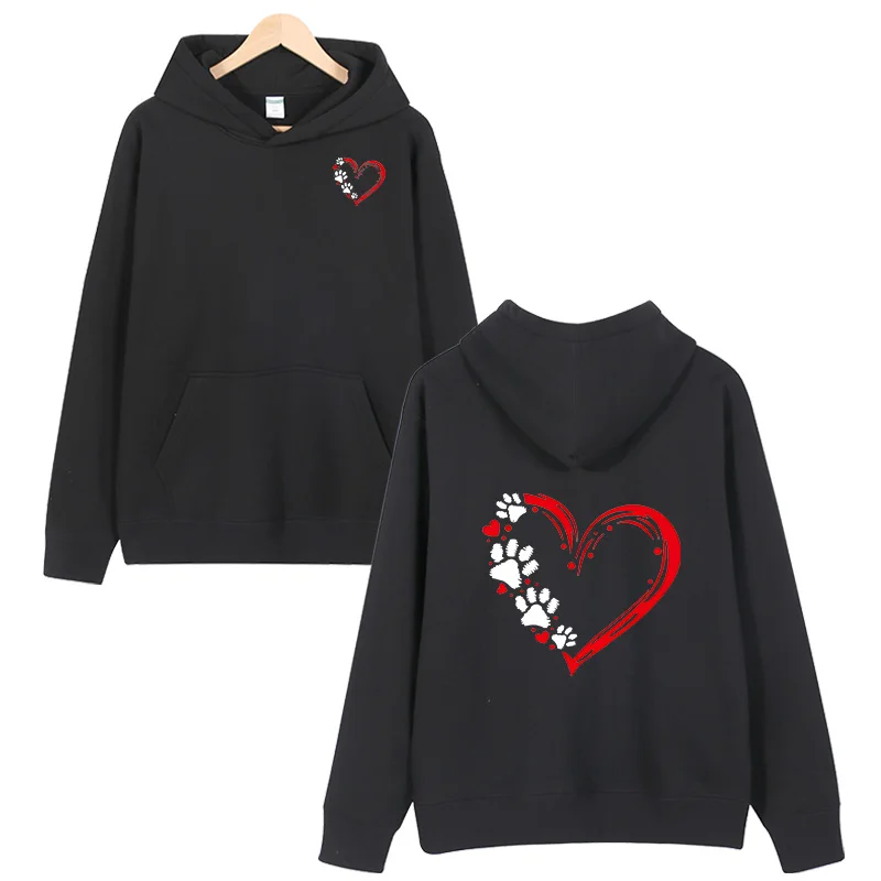 Latest popular love dog paw print women's casual loose wool long sleeved hooded top round neck loose men's style