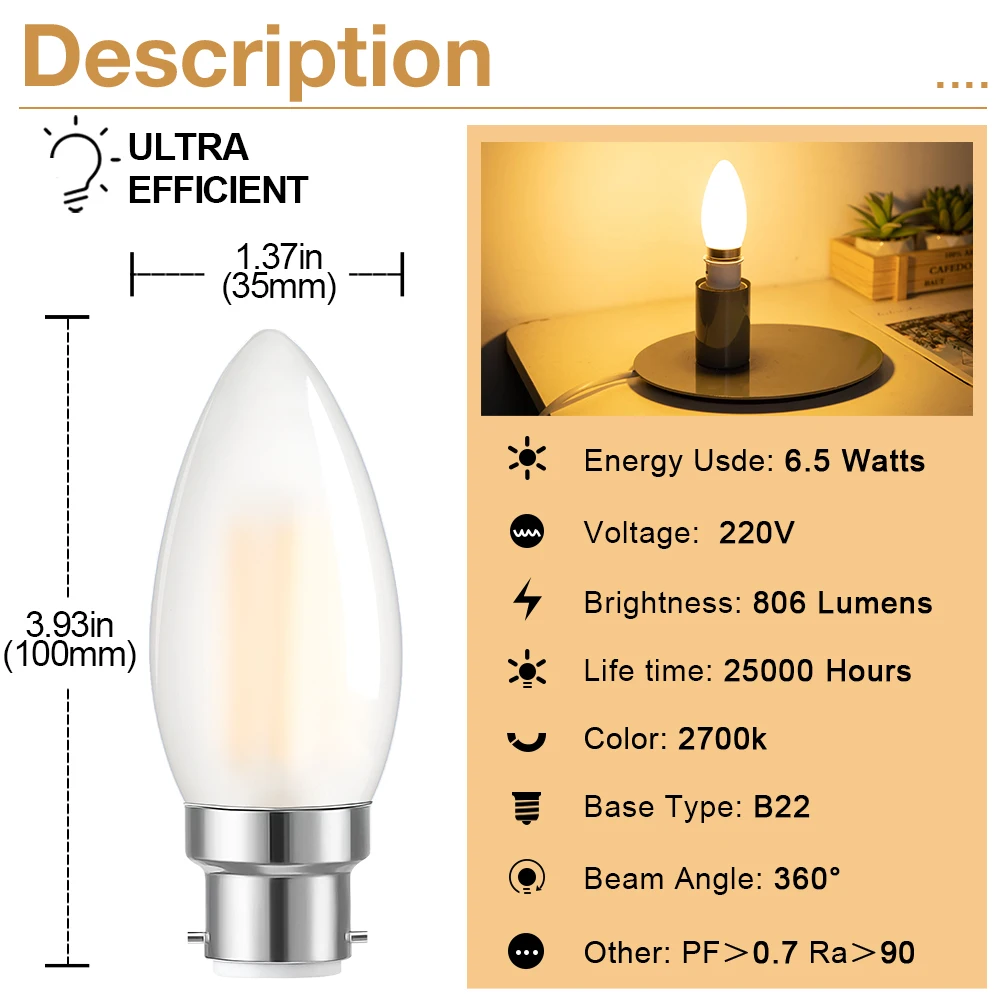 7W B22 LED Candle Light Bulb 806lm C35 Frosted Clear Glass Filament Chandelier Bulbs Warm White 2700K 220V Lamp for Ceiling Fan