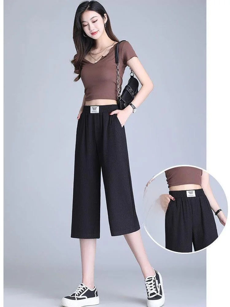 

Широкие брюки из ледяного шелка для женщин, летние, тонкие, больших размеров, прямые, скрывающие фигуру, свободные, повседневные, длинные...