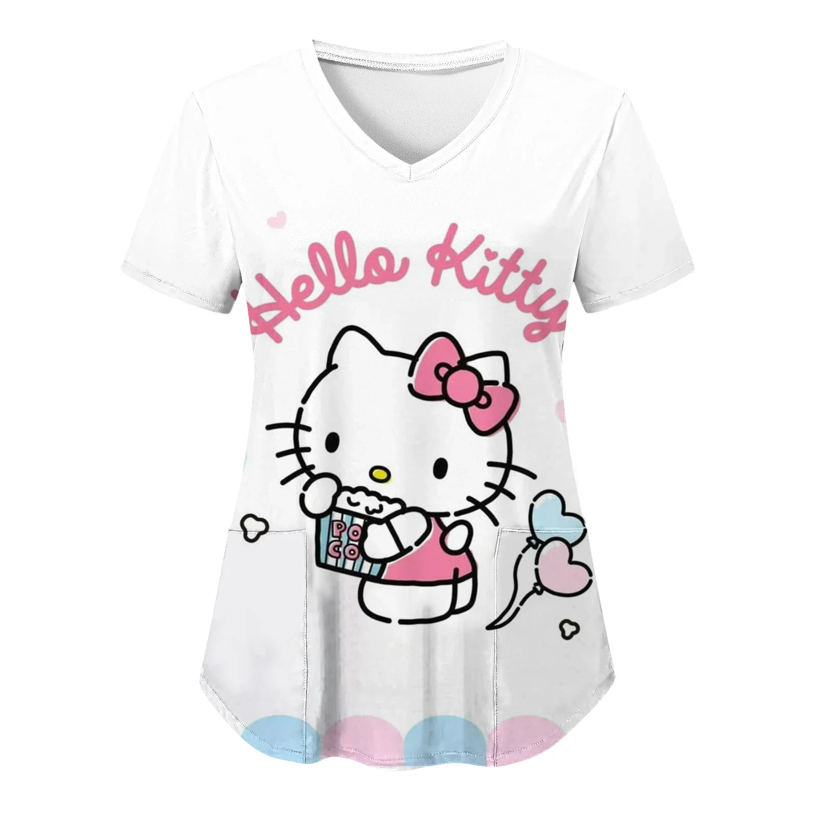 Women Short Sleeve Nurse Tops Hello Kitty Print Nurse Uniform V-Neck Pocket Care Workers T-Shirt Tops Clinic Working Clothing