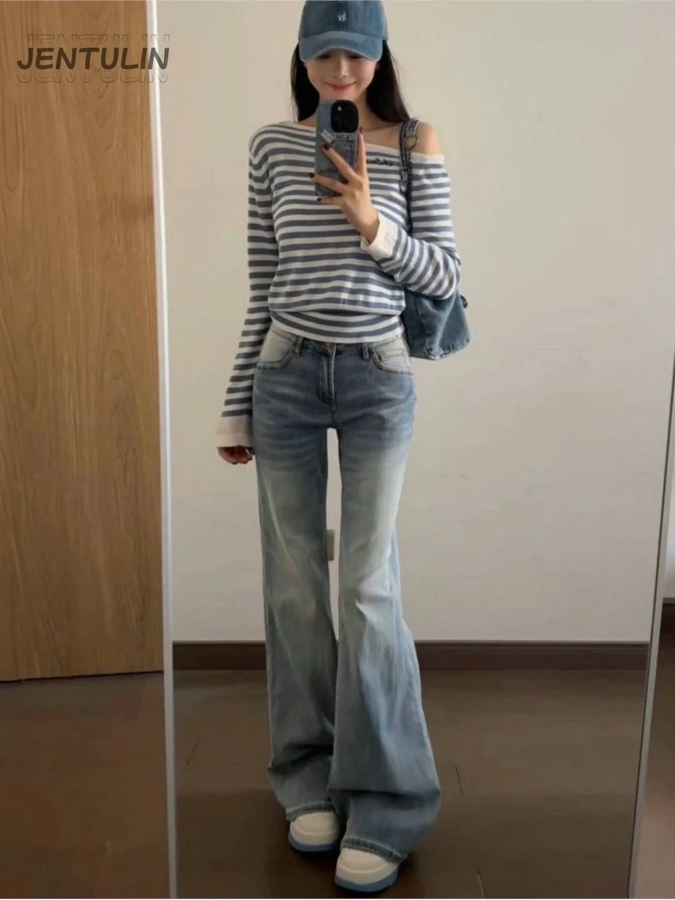Retro Low Waist Faded Slimming Bell Bottom Jeans Women's Spring New Large Casual Jeans Size Pear Shaped Body Flared Cotton Pants