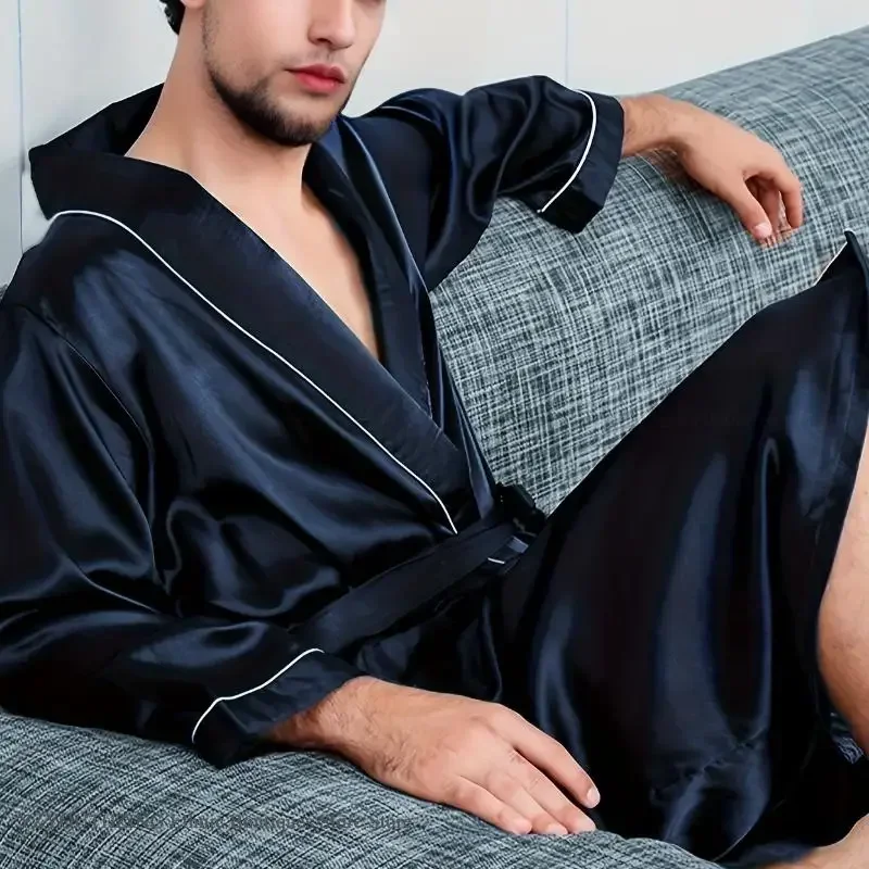 Men Pajamas Robe Suit Satin Print Kimono Bathrobe Peignoir Homme Long Sleeve Sleepwear Loungewear Male Home Dressing Gown
