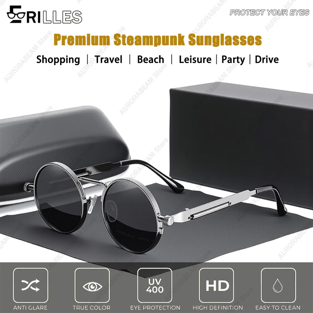 Premium-Steampunk-Brille mit Metallrahmen, runde Vintage-Sonnenbrille mit UV400-Schutz, Gothic-Unisex-Design für Reisen/Strand/Antrieb