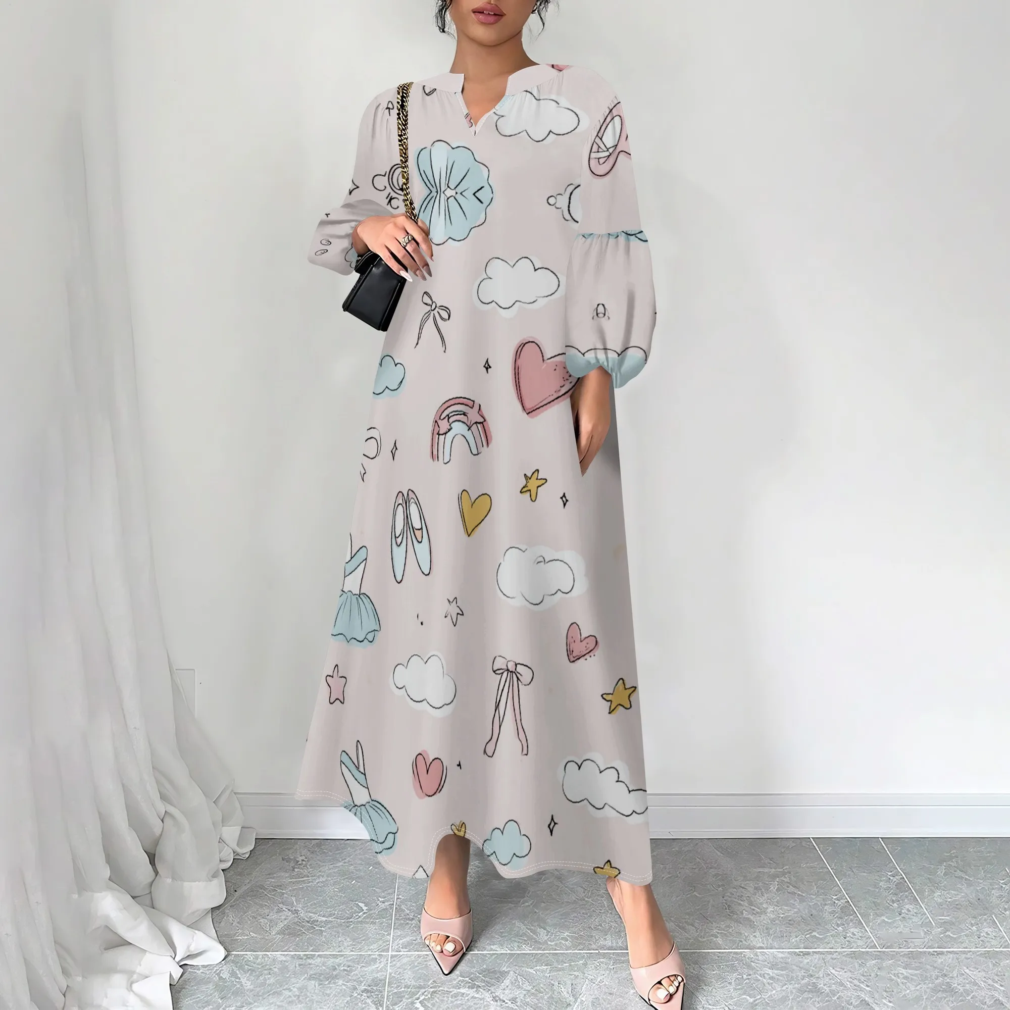 

Cute Cloud & Bow Print Maxi Dress for Women, Soft Pastel Colors, Perfect for Spring and Casual Outings, XS-3XL