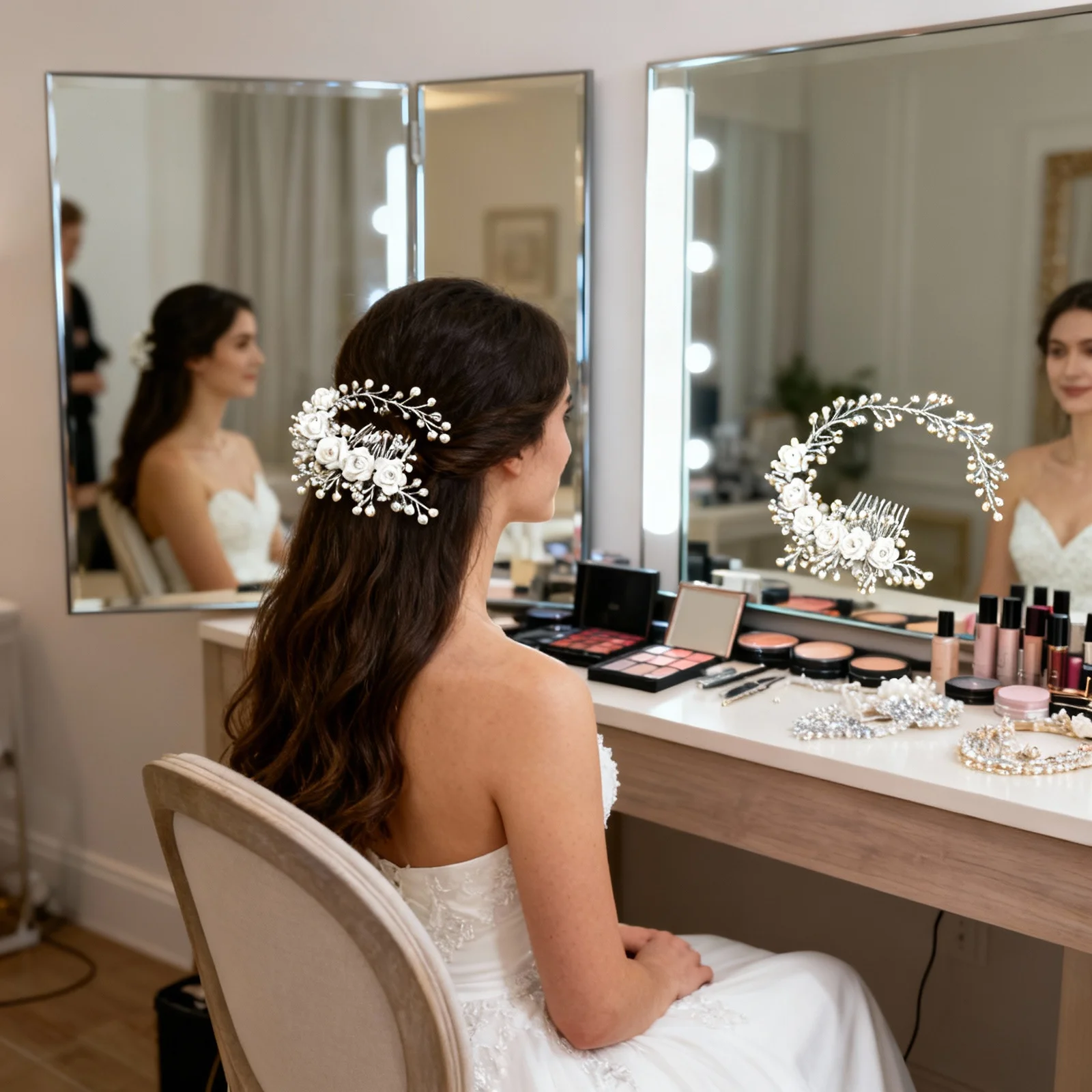 

White Wedding Hair Comb Bridal Floral Pearl Headdress Elegant Prom Party Accessory for Bride Women Girls Vintage Tiara