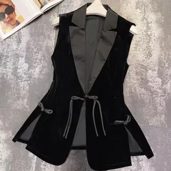 Chinese Style Retro Vests Women Velvet Cozy Sleeveless Casual Waistcoats Temperament Solid All-match Notched Design Simple Lady