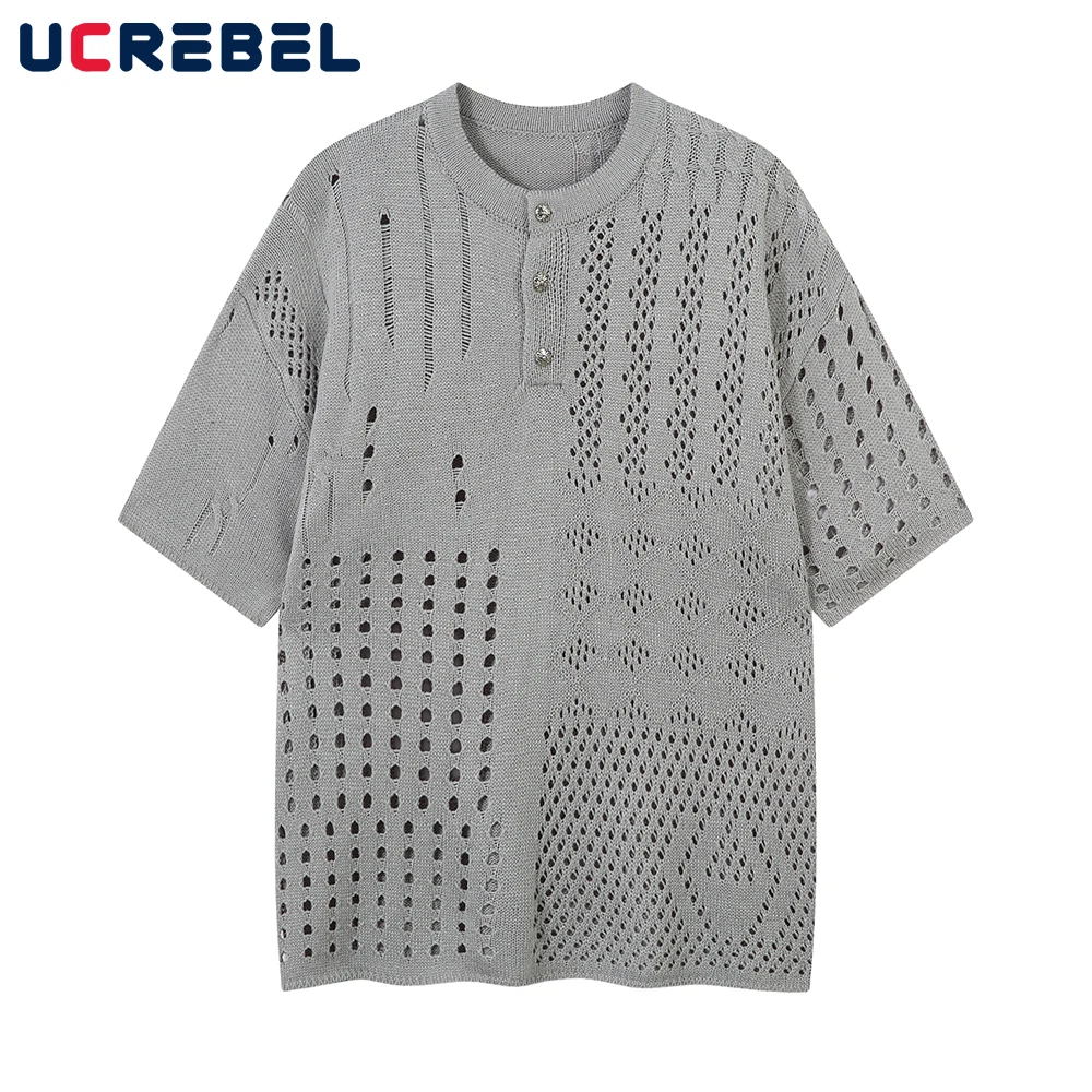 

Knitted Hollow Out Short Sleeve T-shirt Mens Solid Color Retro High Street Summer Loose Half-Sleeve Crew Neck Tee Men