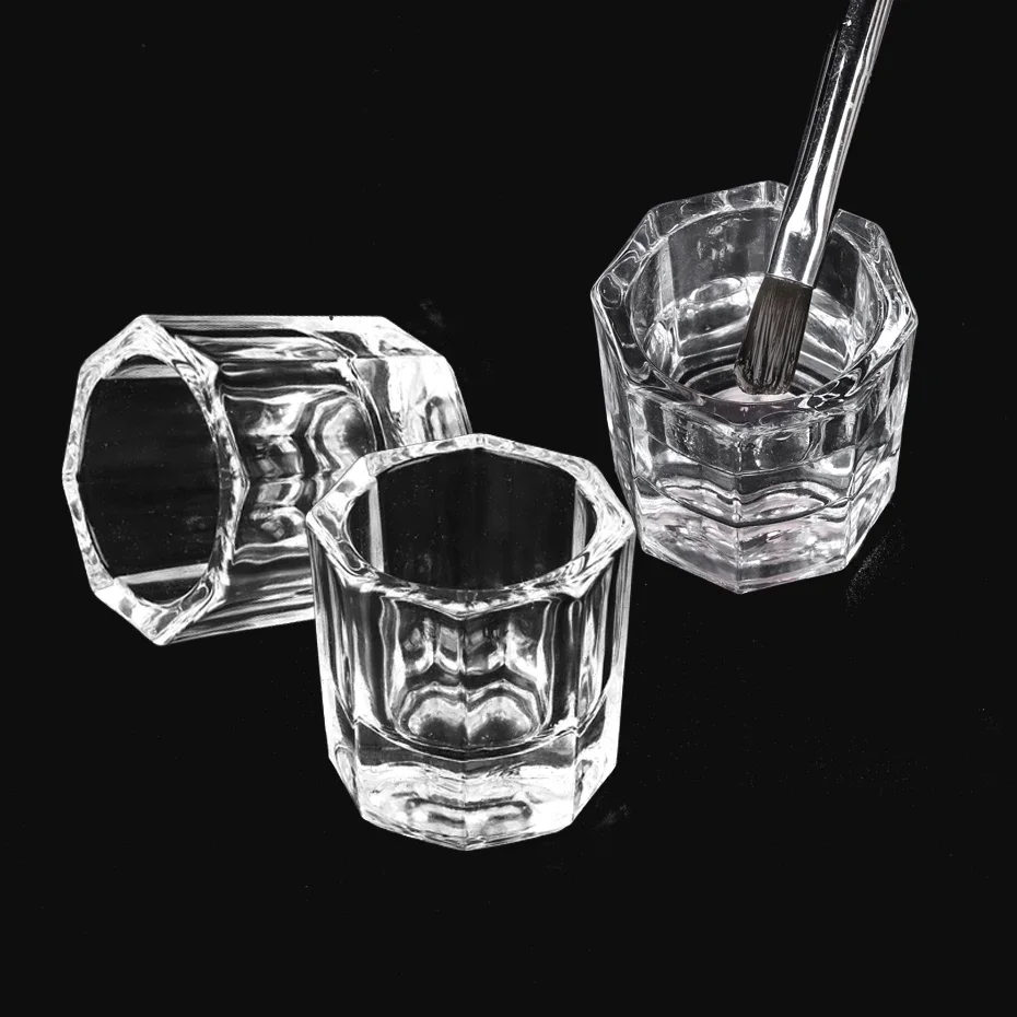 Mini Crystal Glass Clear Acrylic Small Octagonal Powder Liquid Nail Cup Nail Brush Cleaning Tools Liquid Power For Mixing Bowl