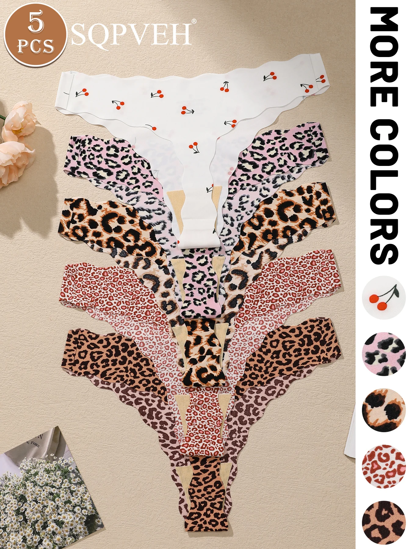5PCS Scalloped Edge Leopard Cherry Print Thongs, Seamless Invisible Ultra Stretchy Soft Breathable Mixed Pattern Women Underwear
