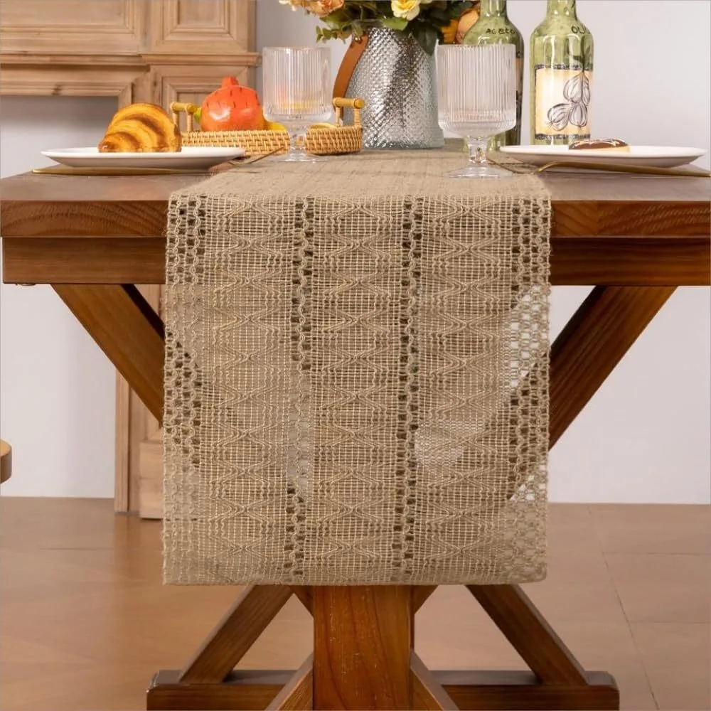 Household Ramie Boho Table Runner Rustic Style Rectangular Table Cloth with Tassel Braided Dining Table Decoration Christmas