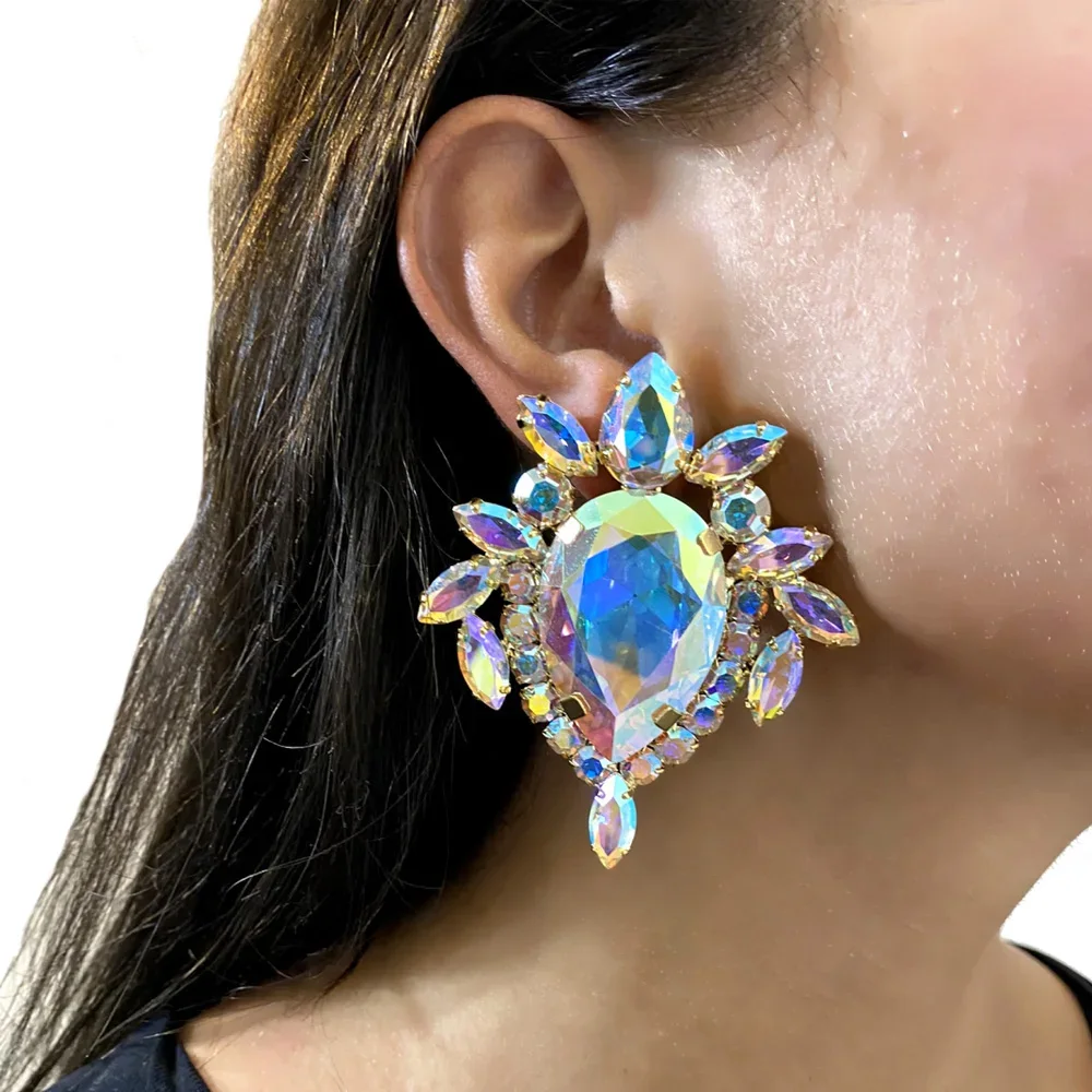 Pendientes de gota de agua exagerados, joyería brillante con diamantes de imitación de Color AB para mujer, pendientes colgantes con Clips para las orejas, regalo de joyería Drag Queen