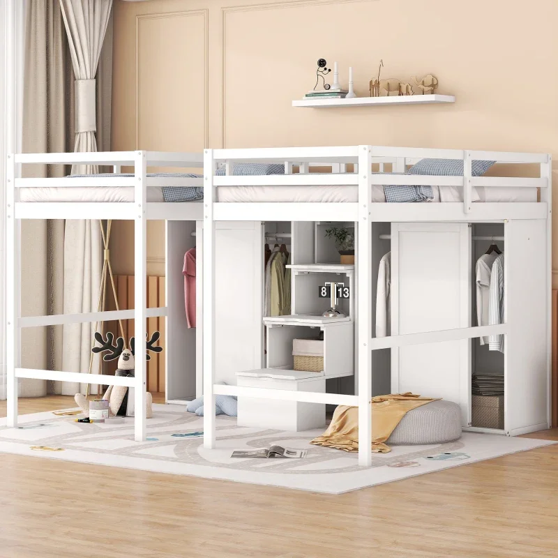 

Double Twin Loft Beds with Wardrobes and Staircase, White