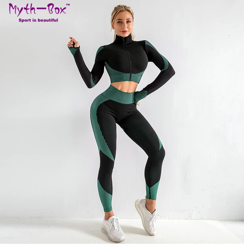 

Women 2Pcs Yoga Sets Sport Jackets Suit Elastic Running Sweatshirts Gym Fitness Leggings Suit Zipper Jacket Leggings Sets Female