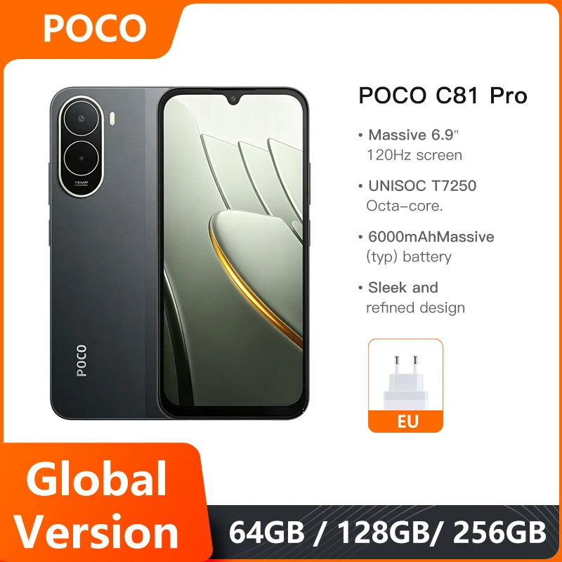 Smartphone POCO C81 Pro Versão Global Tela de 6.9 polegadas 120Hz Bateria de 6000mAh UNISOC T7250 Octa-core HyperOS 3 Celular 2026