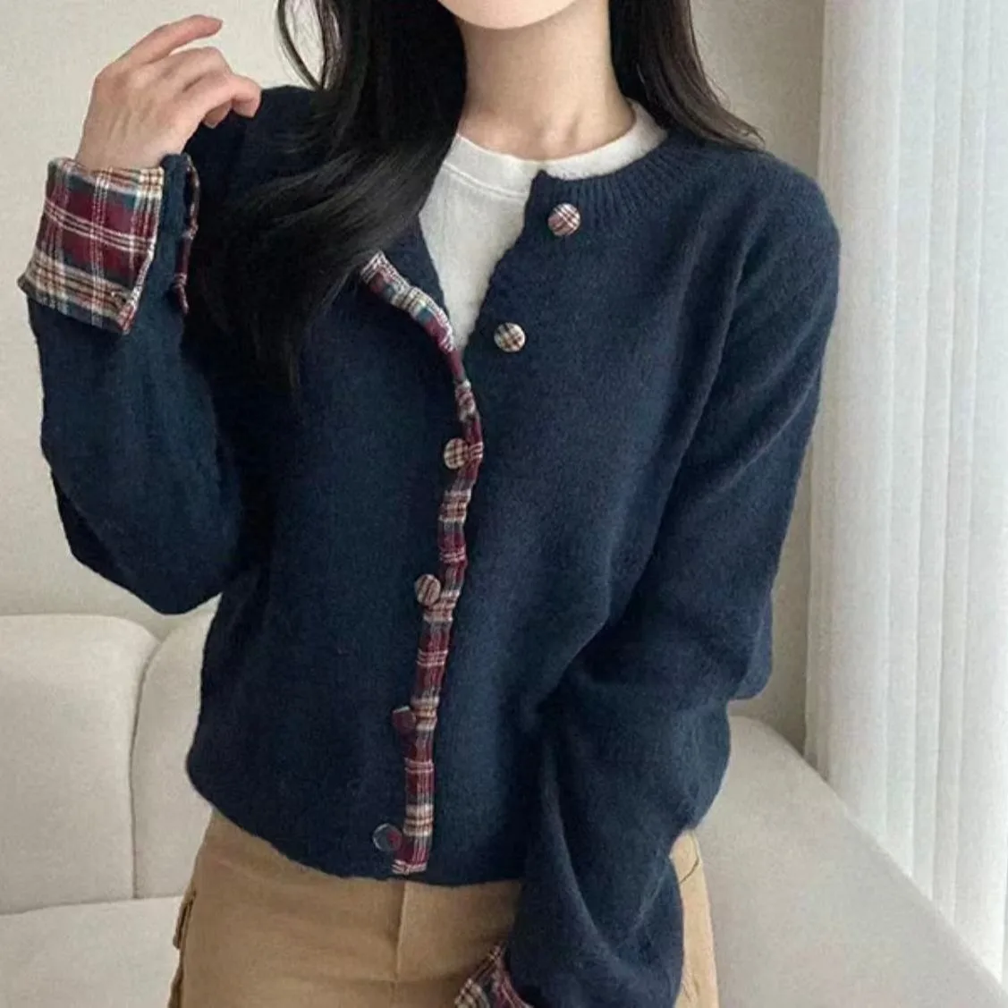 

Women's Chic Long Sve Sweater Jaet Korean Sle Lazy Plaid Splicing Design Versatile Workwear Single Piece Chinese Made