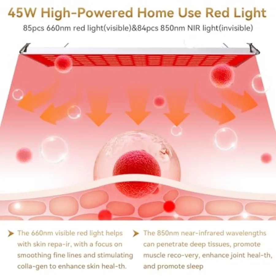 45W Red Light Therapy Device for Face Body 660nm 850nm Near Infrared Therapy Lamp with Adjustable Stand 169LEDs Noiseless Red L
