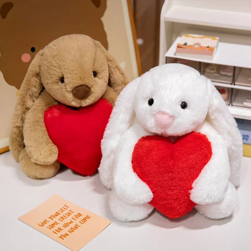 Kawaii 고품질 심장 토끼 봉제 인형을 잡아 여자를위한 귀여운 부드러운 흰색 갈색 긴 귀 토끼 플러시 장난감 생일 선물