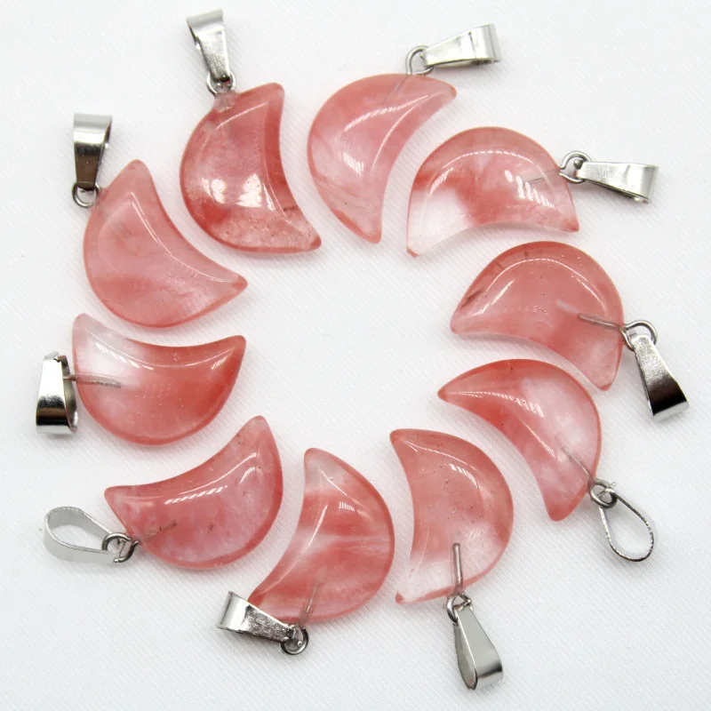 

Natural Stone Necklace Pendant Cherry Quartz Moon Pendants for DIY Jewelry Making Accessories 24pcs High Quality Wholesale