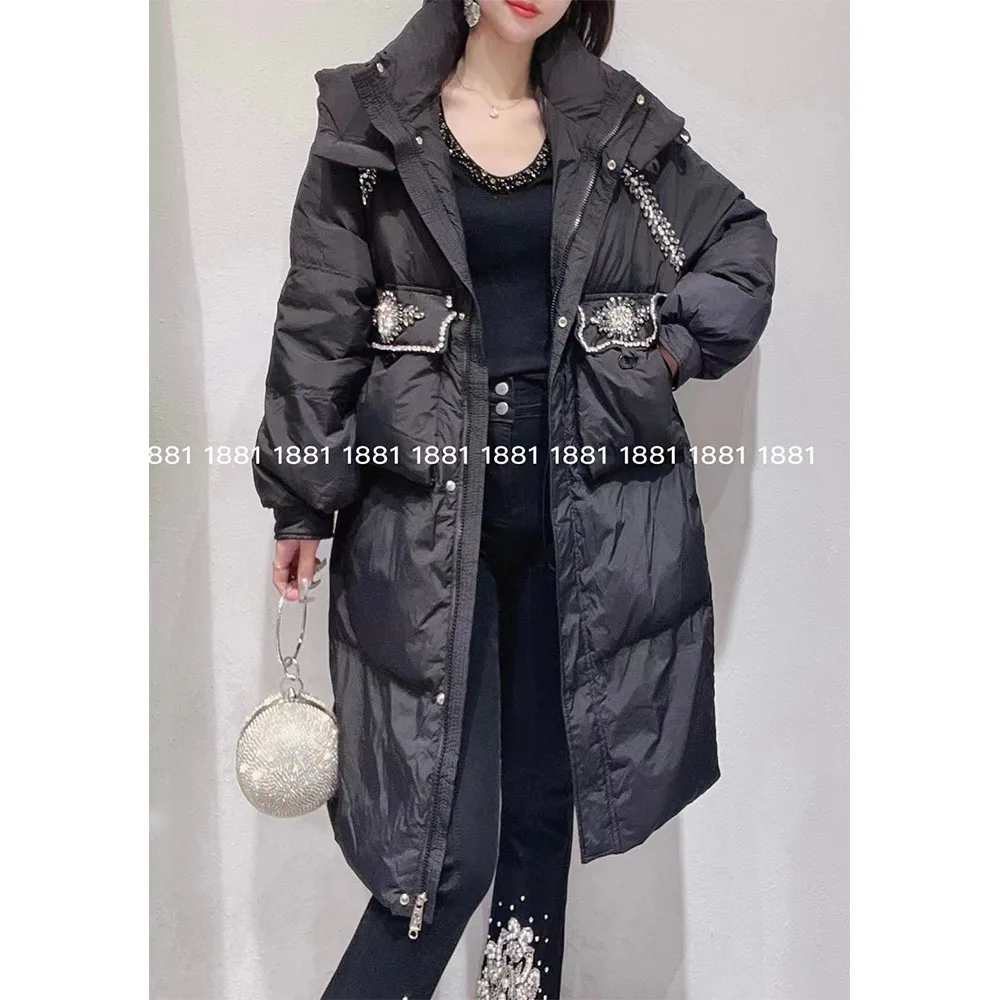 Exquisite Rhinestone Hooded Down Jacket Women\'s 2023 Winter New Loose Slimming Mid-Length Warm Jackets Sweet Elegant Coats