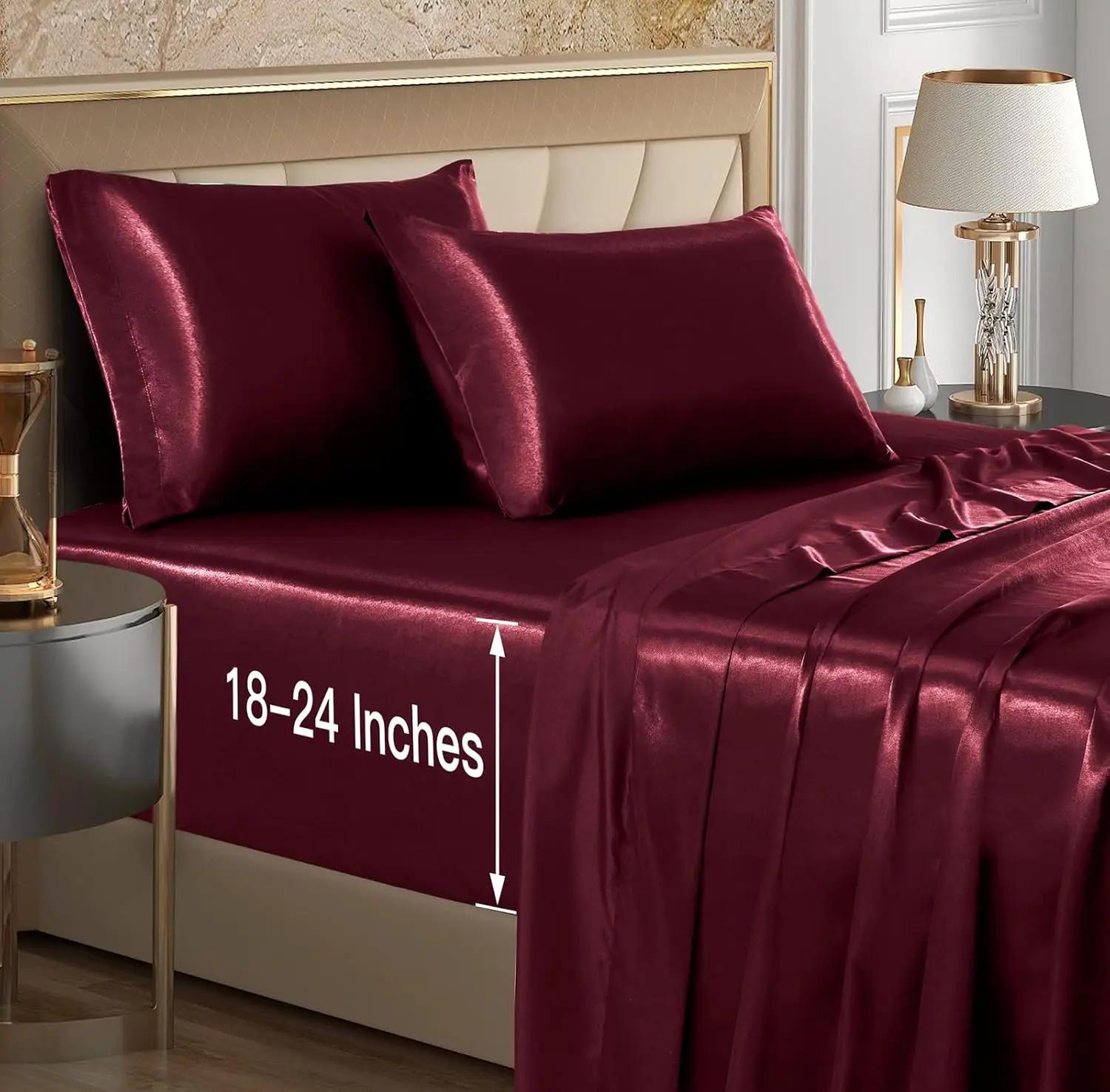 

4Pcs Extra Deep Pocket Satin Sheets Queen Size Bed Set, Bury Satin Sheet Set Fit 18-24 H Deep Pocket Mattress, Silky & Luxury
