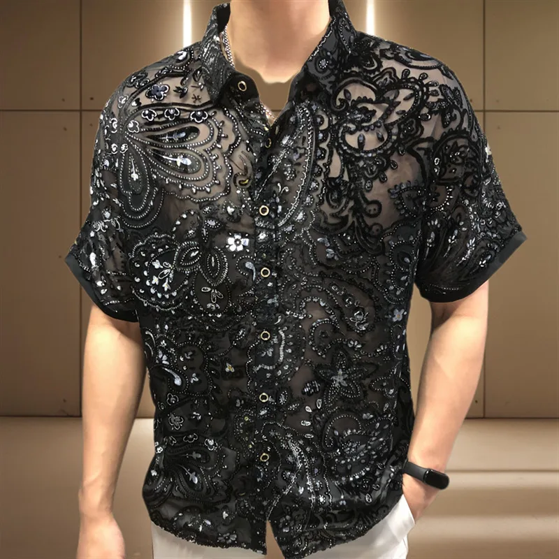 New 2025 Embroidery Men Transparent Shirt See Through Mesh Shirt Club Party Prom Chemise Homme 4xl Sexy Lace Shirt For Male