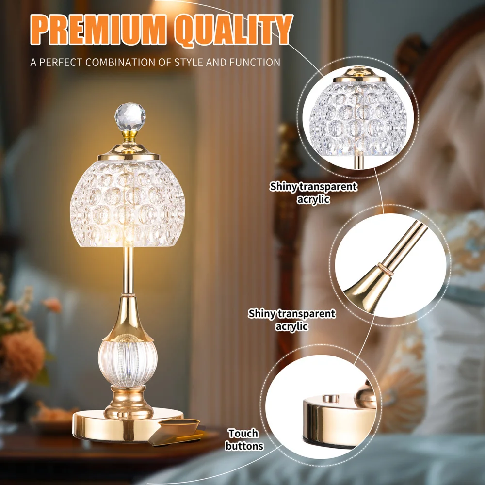 Crystal Cordless Table Lamp LED Touch Lamp  Built-in 5200 mAh Battery  Wireless USB Charging - Adjustable Light 3 Colors Light