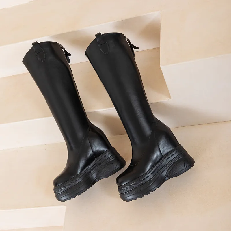 Botas de couro genuíno para mulheres, botas internas de salto alto de 11cm, moda, nova, 2024