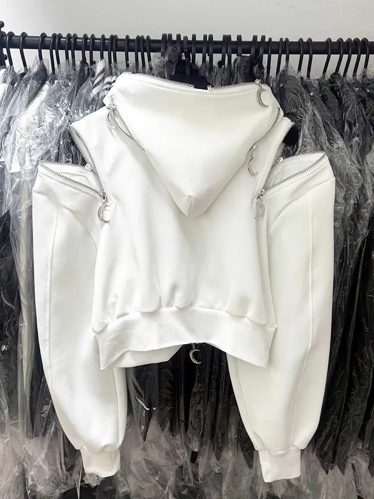 الأمريكية الرجعية هوديس المرأة القمر برشام القوطية الجرونج فضفاض الخريف Y2k 2000s الجمالية Harajuku الستر سستة الإناث البلوز #6