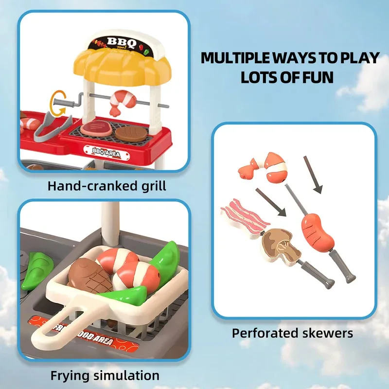 56 ชิ้นเด็กมินิบาร์บีคิวย่างชุดของเล่นแกล้งทําเป็นบาร์บีคิวครัวของเล่นตัดอาหารลงทะเบียนเงินสดและอุปกรณ์เสริมสําหรับเด็ก