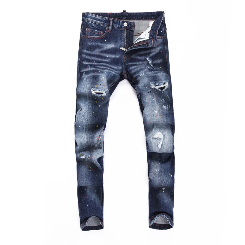 Fashionable new men's jeans, painted elastic slim fit, perforated patch, washed blue retro jeans, high street hip-hop brand pant