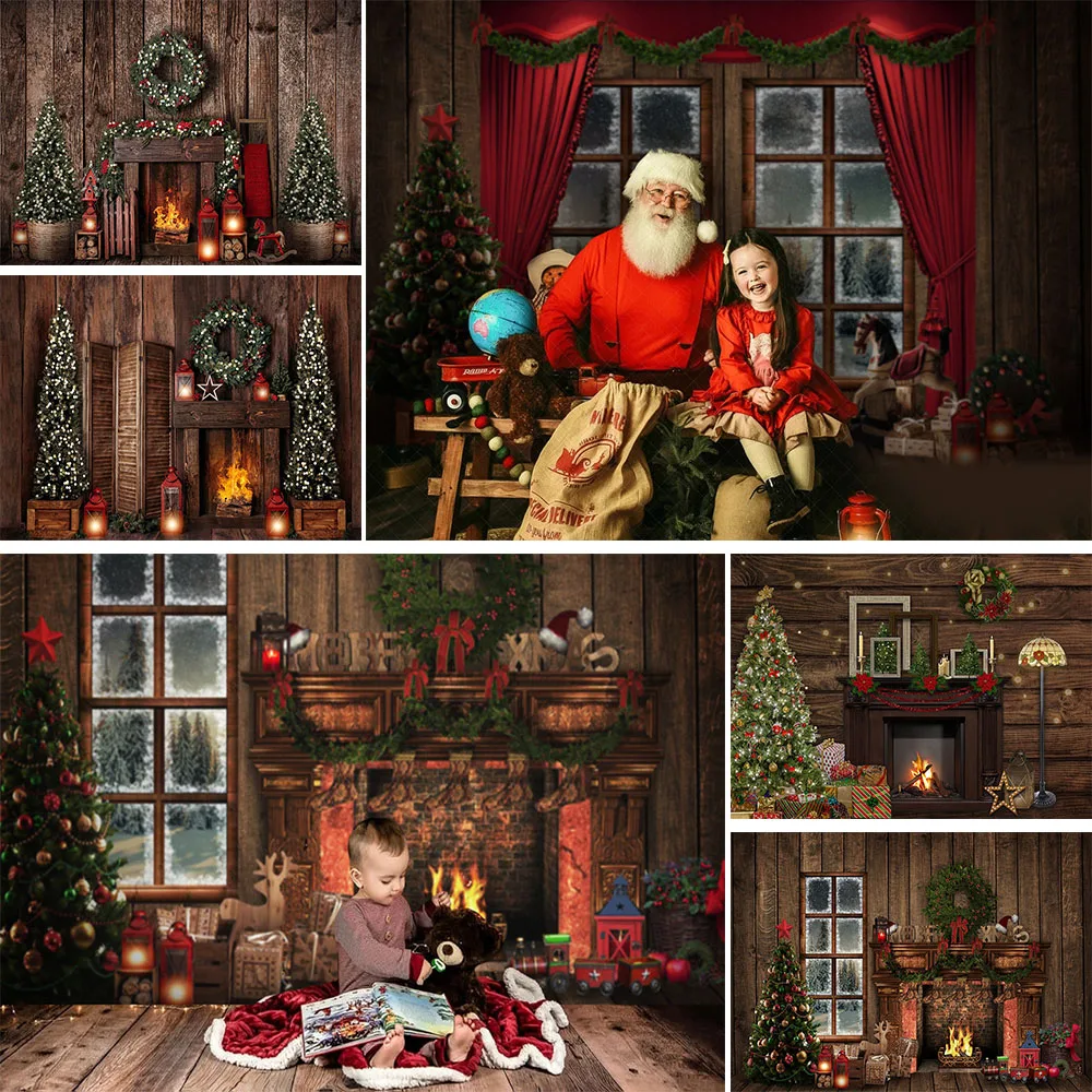 

Mocsicka Wooden Christmas Photography Background Fireplace Xmas Tree Wreath Baby Kids Portrait Photo Backdrop Photo Studio Props