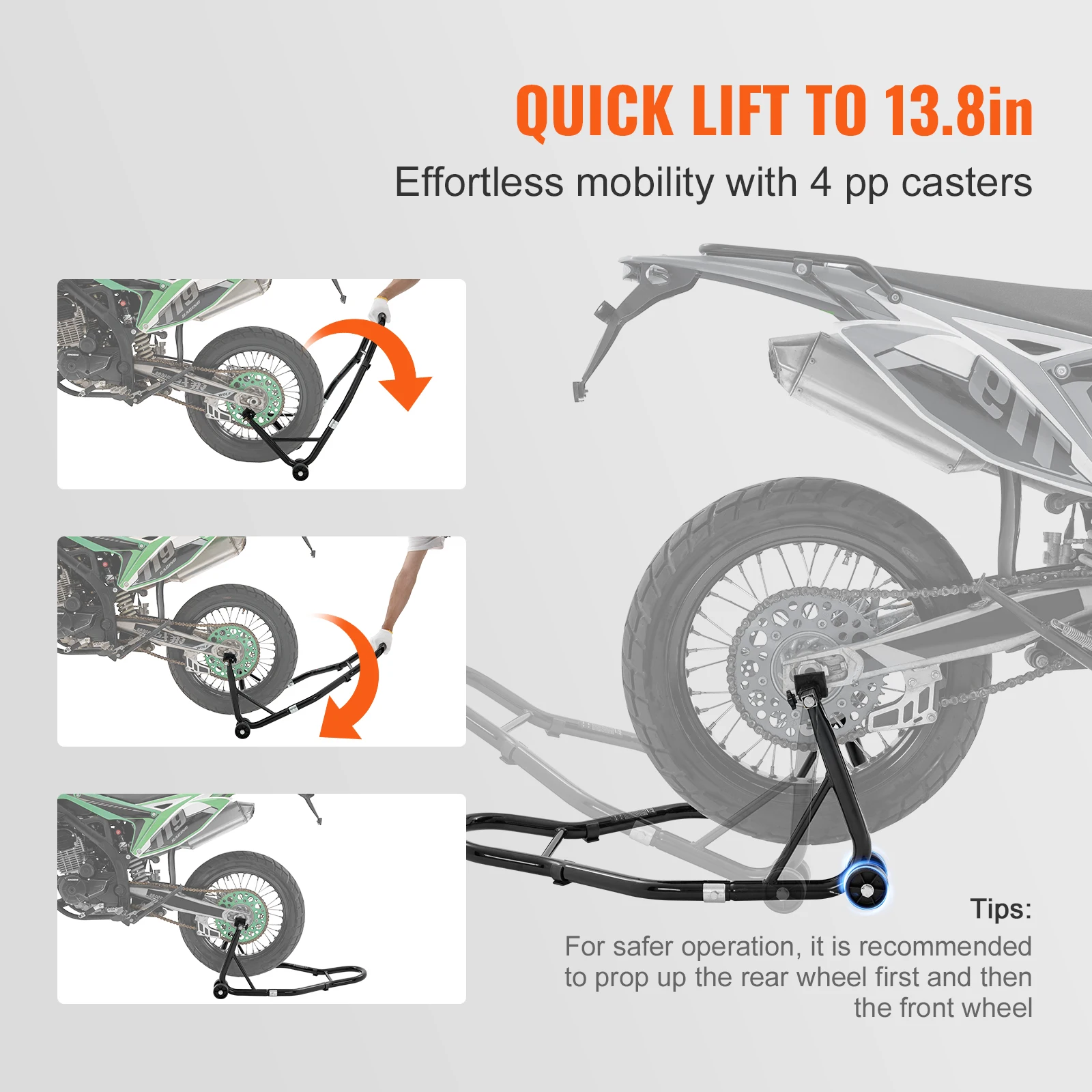 Imagem -05 - Vevor-motocicleta Stand Lift Combo Stand Dianteiro e Traseiro Wheel Stand Heavy Duty Carrinho da Roda Traseira 850lbs