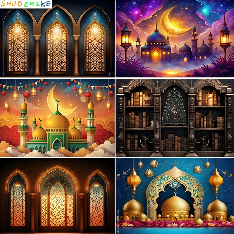 

Ramadan Eid Kareem Mubarak Islamic New Year Moon Lanterns Background Arabic Palace Candles Mosque Photography Backdrops EI-05