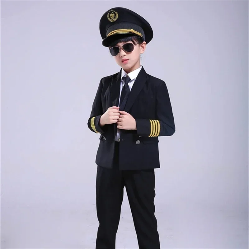 Cos Kids Pilot Costumes Children Cosplay for Boys Girls Flight Attendant Costume Airplane Aircraft Air Force Performance Uniform