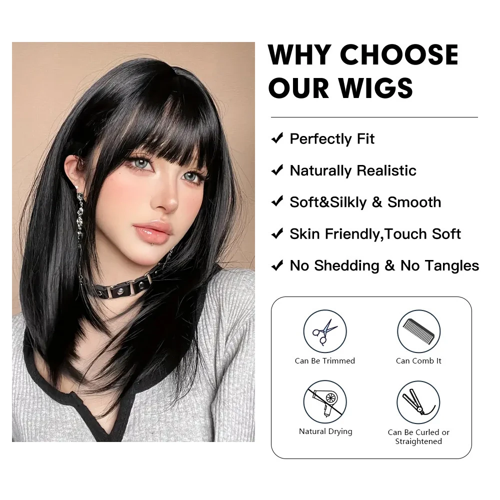 Black Synthetic Wigs Medium Long Straight Hair Wigs With Bangs Natural Looking Hair Wig for Women Daily Party Halloween Use Heat