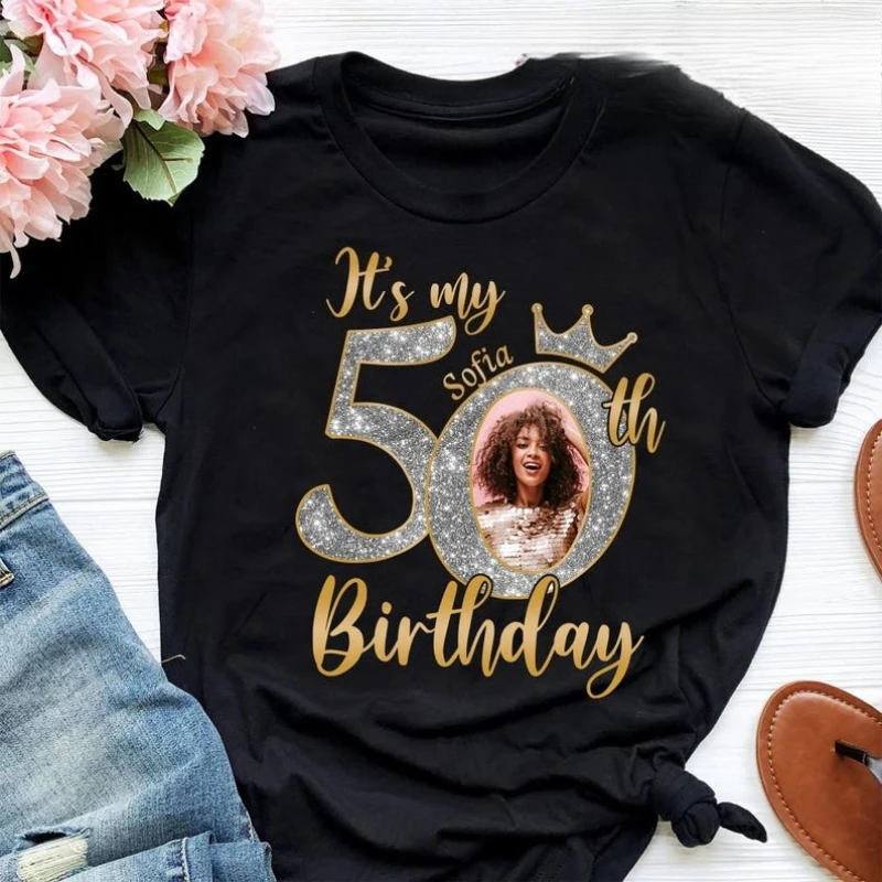 It's My Custom Photo Birthday Crewneck Shirts Queen Gift Fashion Printed T-shirt Tops Regular Short Sleeve Trending Streetwear